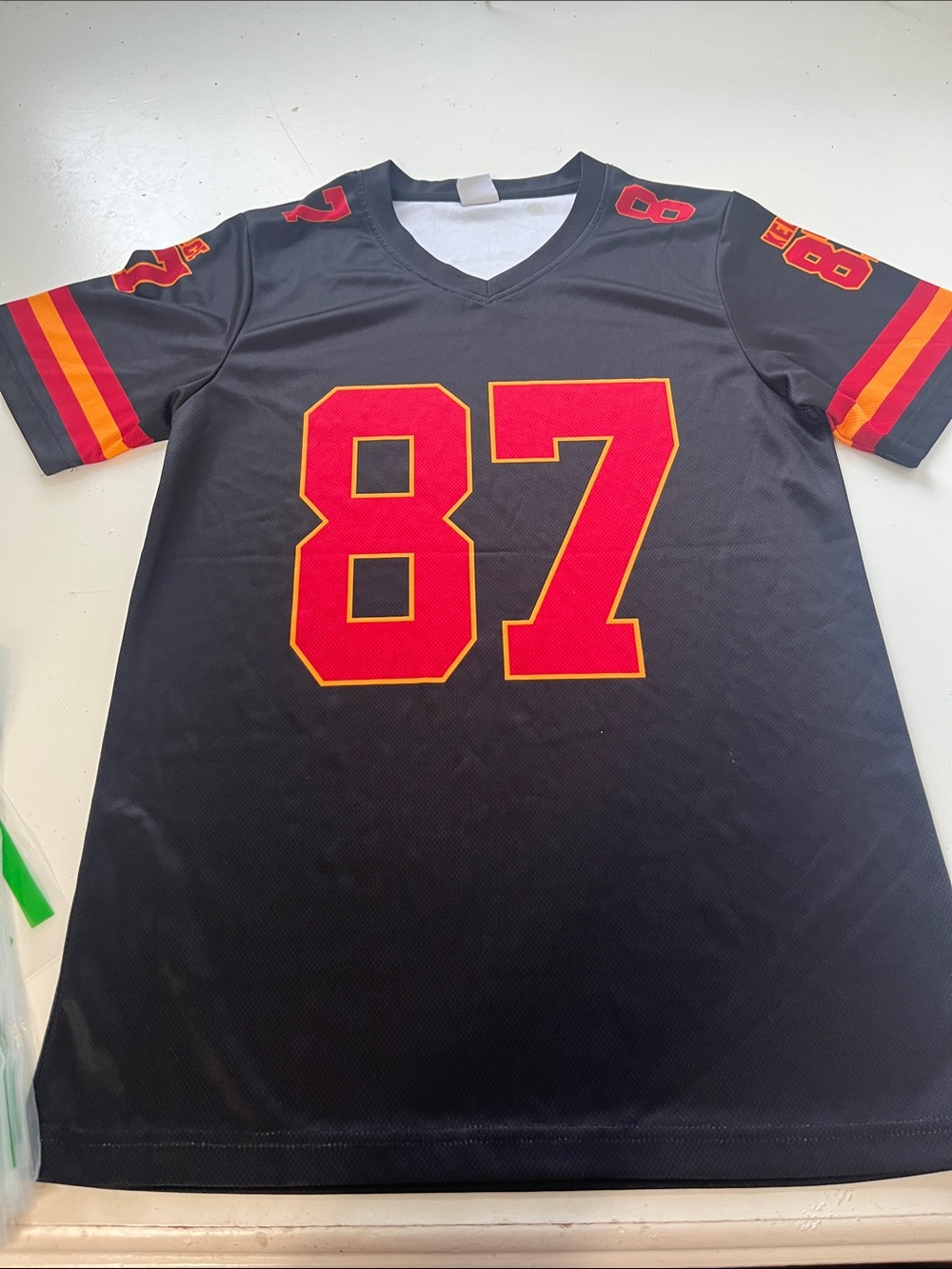 Small Black Red and Yellow Short Sleeve 87 Kelce KC Chiefs Jersey Top